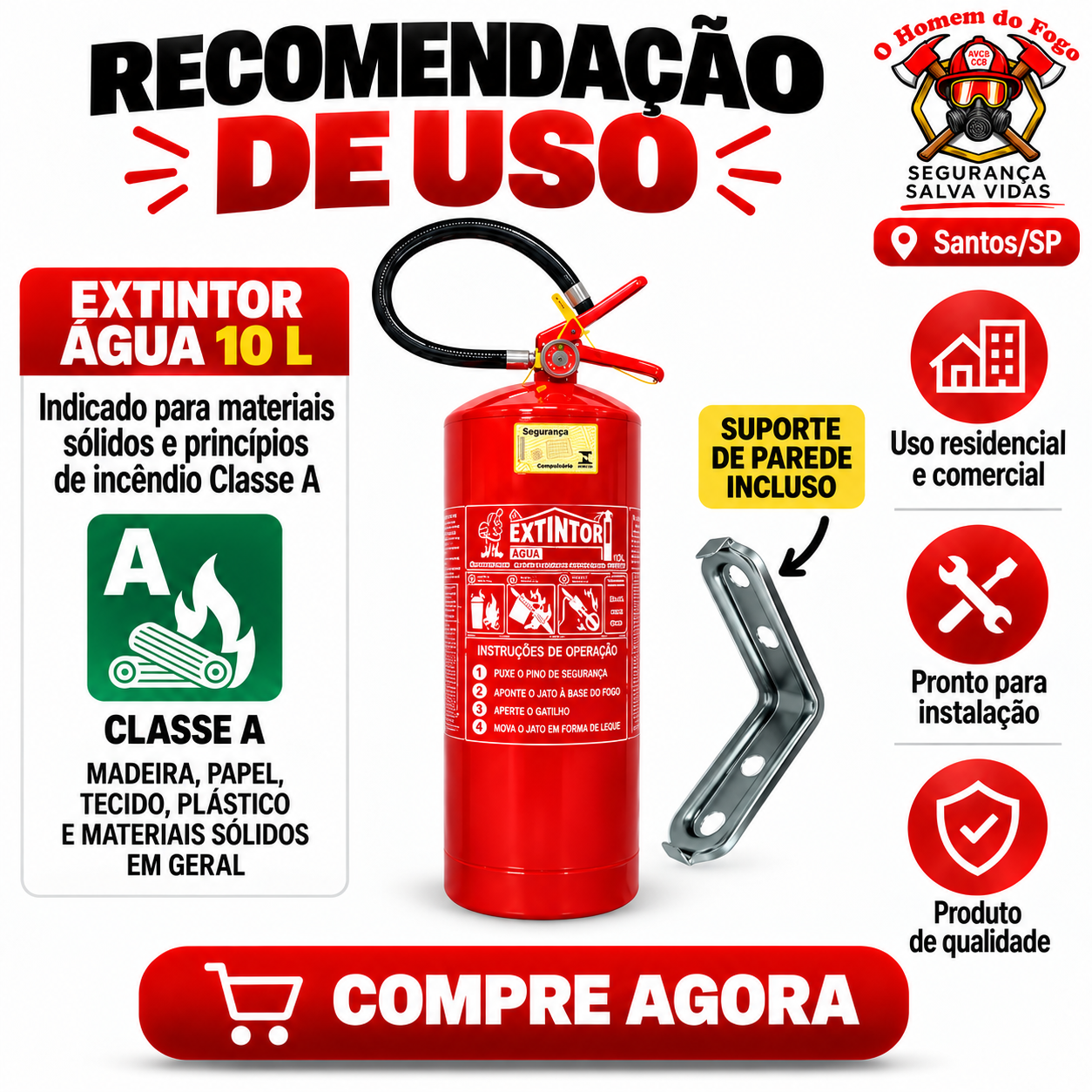Extintor de Água pressurizada 10 litros AVCB - CLCB